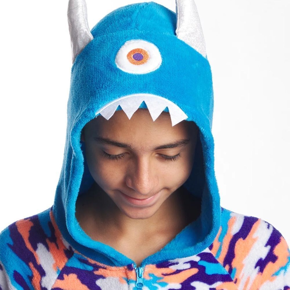 🔥Playful Monster Kids Pajama B. PLUSH HOOD ONESIE blue camo sz 10/12 New